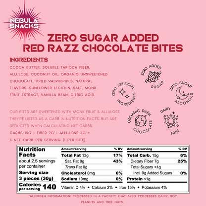 Nebula Snacks - Zero Sugar Added Red Razz Chocolate Bites - Ingredients &amp; Nutrition