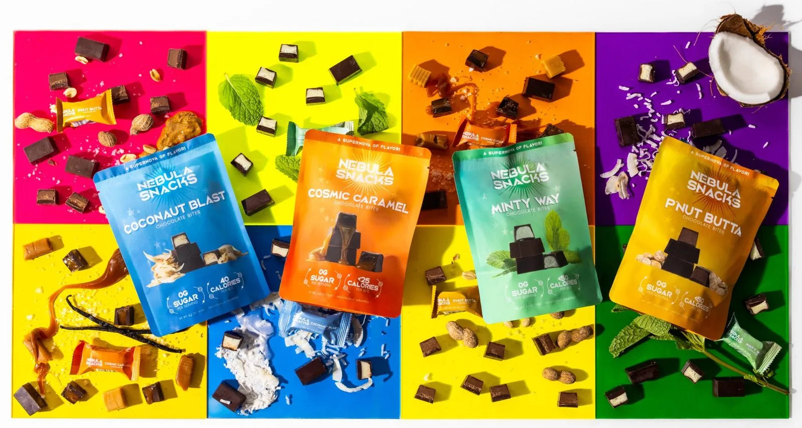 All four Nebula chocolate bite pouches on a rainbow grid with chocolate, caramel, mint, coconut and peanuts