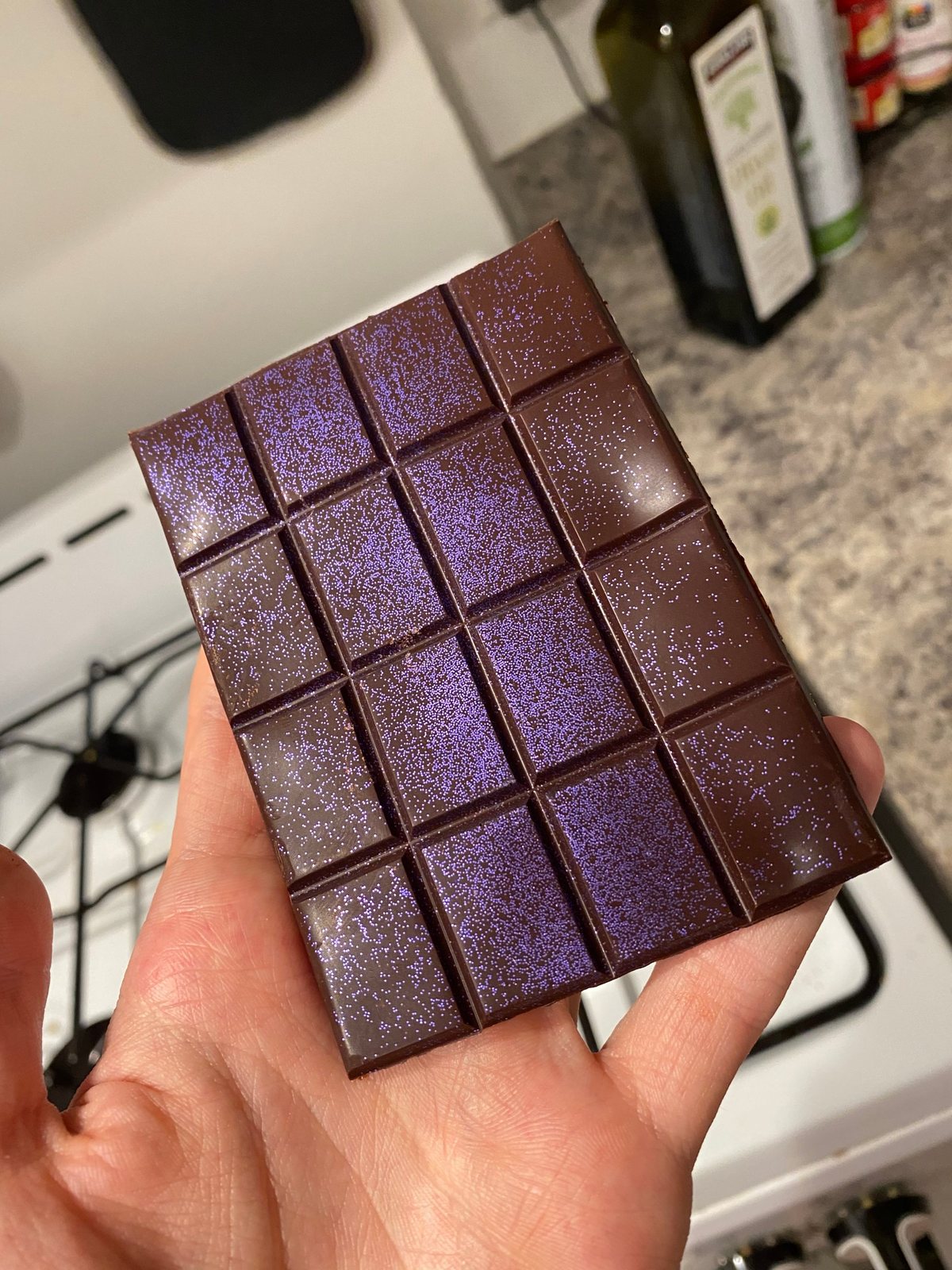 One of David's first homemade chocolate bars, dusted with purple shimmer